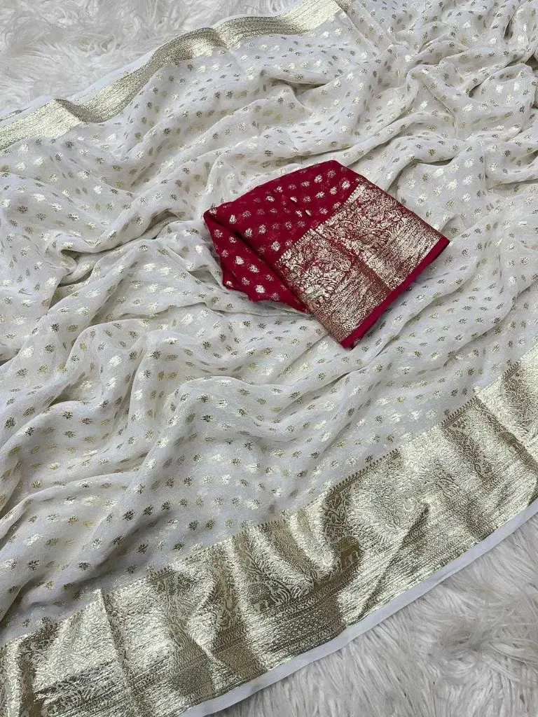 New Pure Viscose Fancy Zari & Jacquard Border Georgette Saree With Fancy Viscose Jacquard Blouse