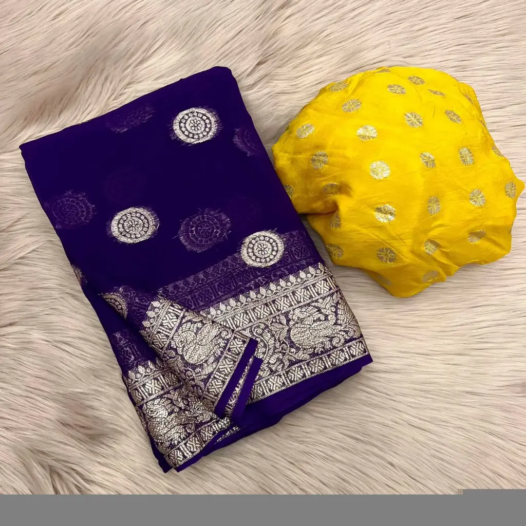 New Premium Pure Viscose Georgette Saree With Fancy Zari & Jacquard Border With Fancy Dola Silk Jacquard Blouse