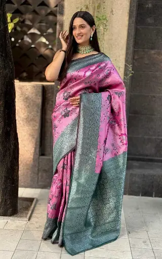 New Beautiful Banarasi Rich Pallu & Jacquard Self Weaving Work Silk Saree With Contrast Matching Blouse